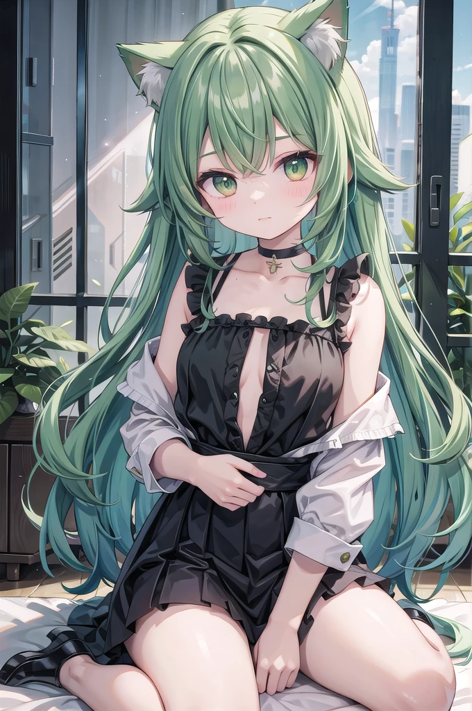 Super Deformed green hair Cat ears Curly hair