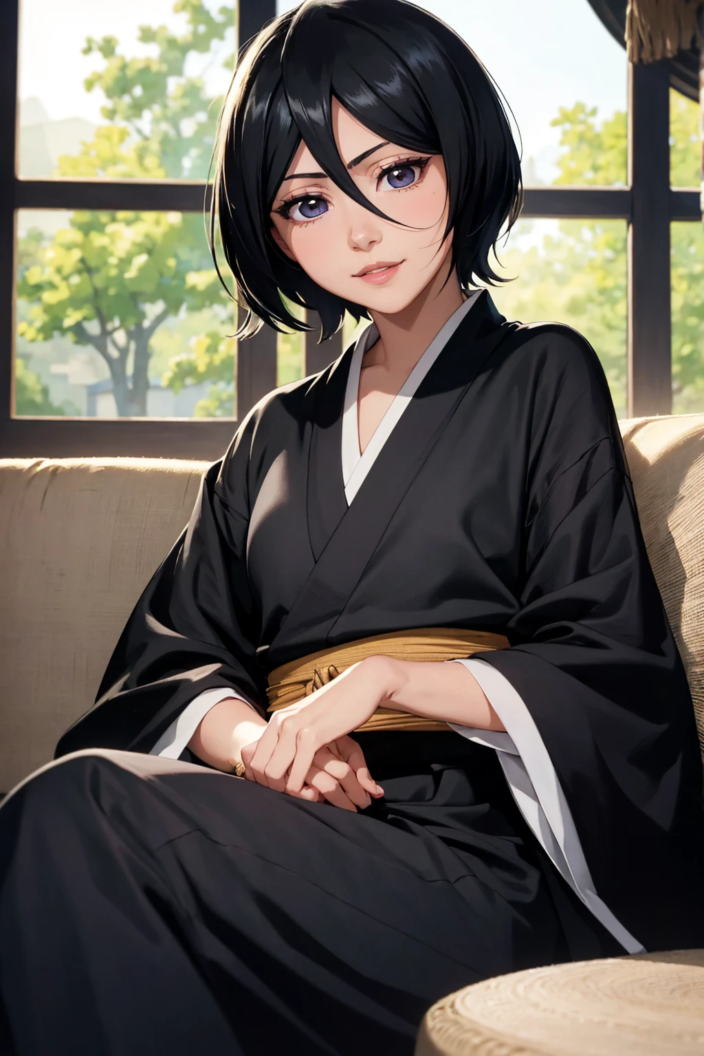 rich in detail, Natural strokes and colors, natural lighting, face detailed, detailed hair, eye detailed, detailed nose, Detailed lips. a young and beautiful girl, sitting not sofa, wearing a black kimono, with short black hair, and with a smile rukia kuchiki.