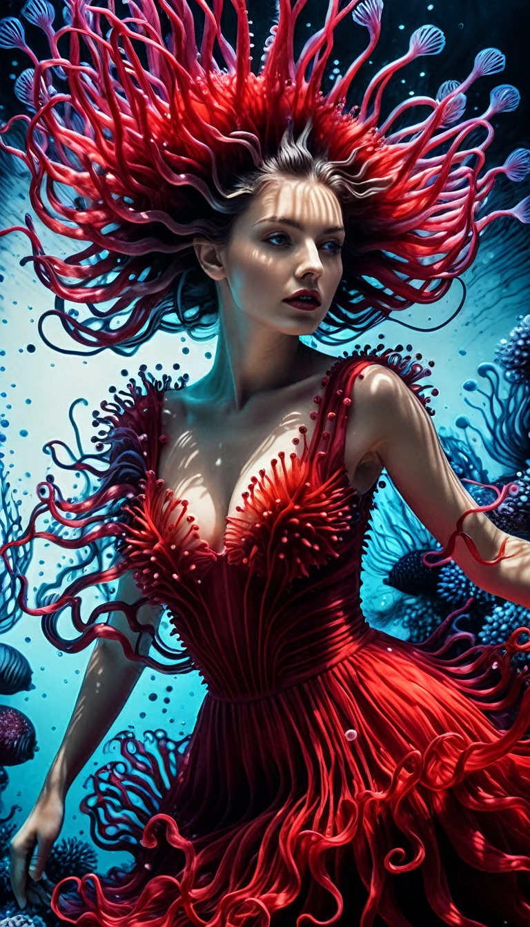 A model, hyper realistic faces, goddess, she is wearing a beautiful long flowing vivid red dress made entirely of Red Sea urchins and anemone tentacles, highly detailed portrait photography with depth of field, full body swirling ink  ink art  ral-exposure, subsurface scattering, Photorealistic, Hyperrealistic, analog style, realistic, film photography, soft lighting, heavy shadow