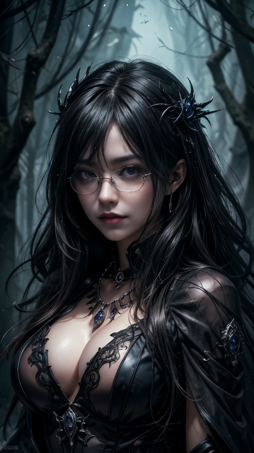 (Highest quality,4K,8K,High resolution,masterpiece:1.2),Very detailed,(Realistic,photoRealistic,photo-Realistic:1.37), Close-up of a woman with dark hair and wearing a black dress, Dark Eyes,an ominous笑顔,((((Glasses))))、((((big sapphire necklace))))、Evil Aura,Burning Flames,Soul Corruption,Dark Shadows,an ominous雰囲気,Strange symbols,Cursed Land,Eternal Darkness,Unforgettable are present,Intimidating person,Grotesque features,Horror Scene,twisted reality,Scary atmosphere,A wonderful work of art,Evil Unleashed,Supernatural horror,Spooky art,nightmare fuel,Terrifyingly clear,Abstract fear,Terrifyingly beautiful,masterpiece,Fear incarnate,Shadow Chaos,are present,to be born々Shii Darkness,in style of Dark Fantasy Art, Dark Fantasy Art, Beautiful and elegant queen of darkness, Dark Fantasy Art, Fantasy Dark Art, Dark fantasy digital art, Gothic fantasy art, Gothic Dark Maiden, Detailed Texture,Spooky creatures,an ominous雰囲気,Mythical,Space horror,darkness,mysterious,Dark aesthetic,Fog Background,Eyes of another world,Ancient Gods々々々々々, Powerful wizard, mysteriousStanding in the woods. A loose robe decorated with symbols, Arms stretched out, Powerful,Tentacles,Pitch black blackness,Majestic,Unfathomable depth,nightmare,The are present of the universe,an ominousare present,seeping darknesss,Secrets of the Universe, (Spooky atmosphere), (((Dramatic Shadows), (Dynamic pose), ((Artistically expressed)), ((charm), (Gothic), (mysterious Setting), (Moody color palette), (Skillfully drawn), (sense of unease), (Intricate details), (an ominous smile), (an ominous), (charm eyes), (Horror elements), (charm composition), (Impressive anatomy),(Striking contrast))), (Interesting character designs)、Dark Fantasy Portrait, Portrait of the Dark Goddess,