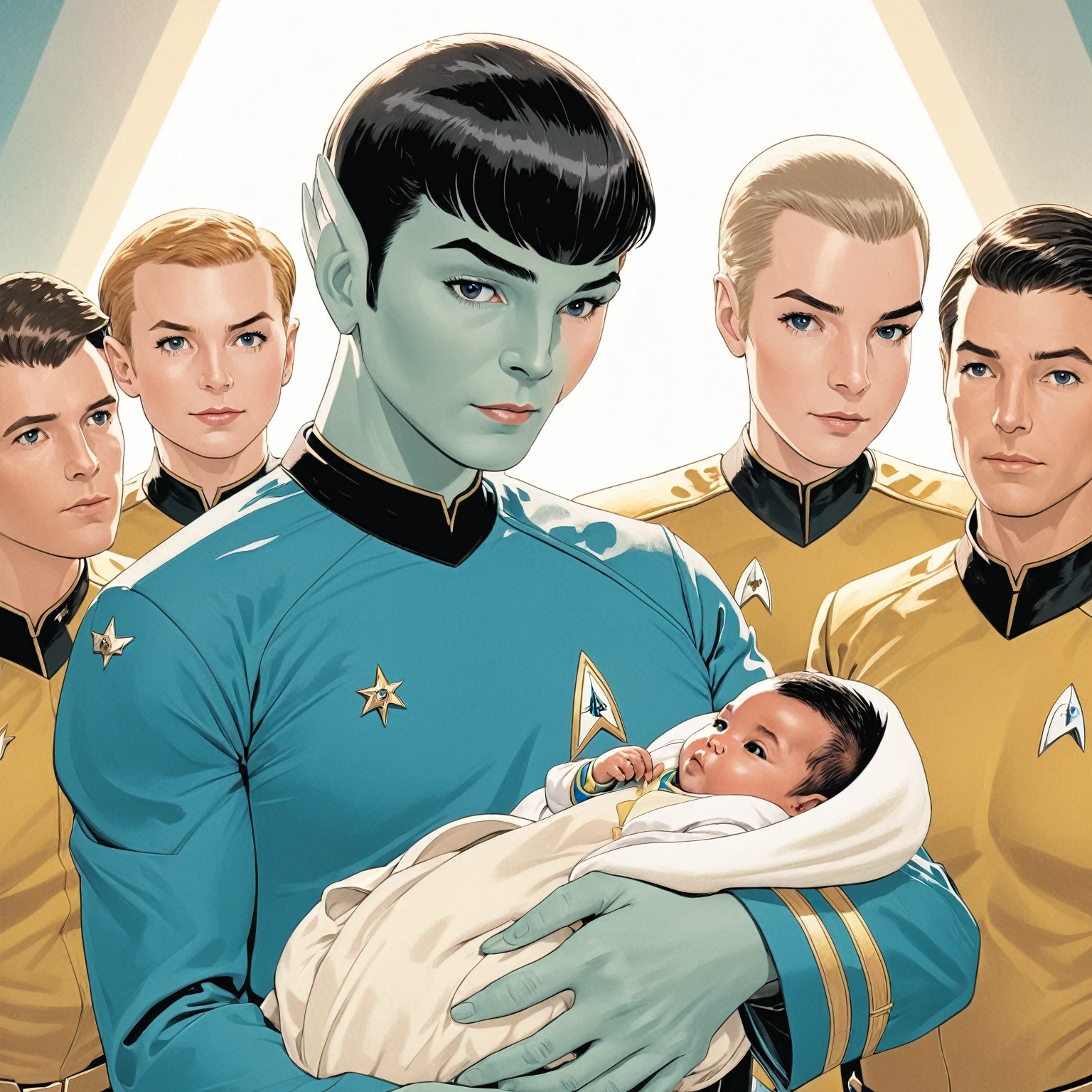 a close up of a person holding a  in a star trek uniform, by Chip Zdarsky, textless, from star trek 2021, from star trek, by Chris Moore, star trek, spock, mark waid, by Bob Singer, by Matt Stewart, by John La Gatta, by Greg Staples, by Matt Bors