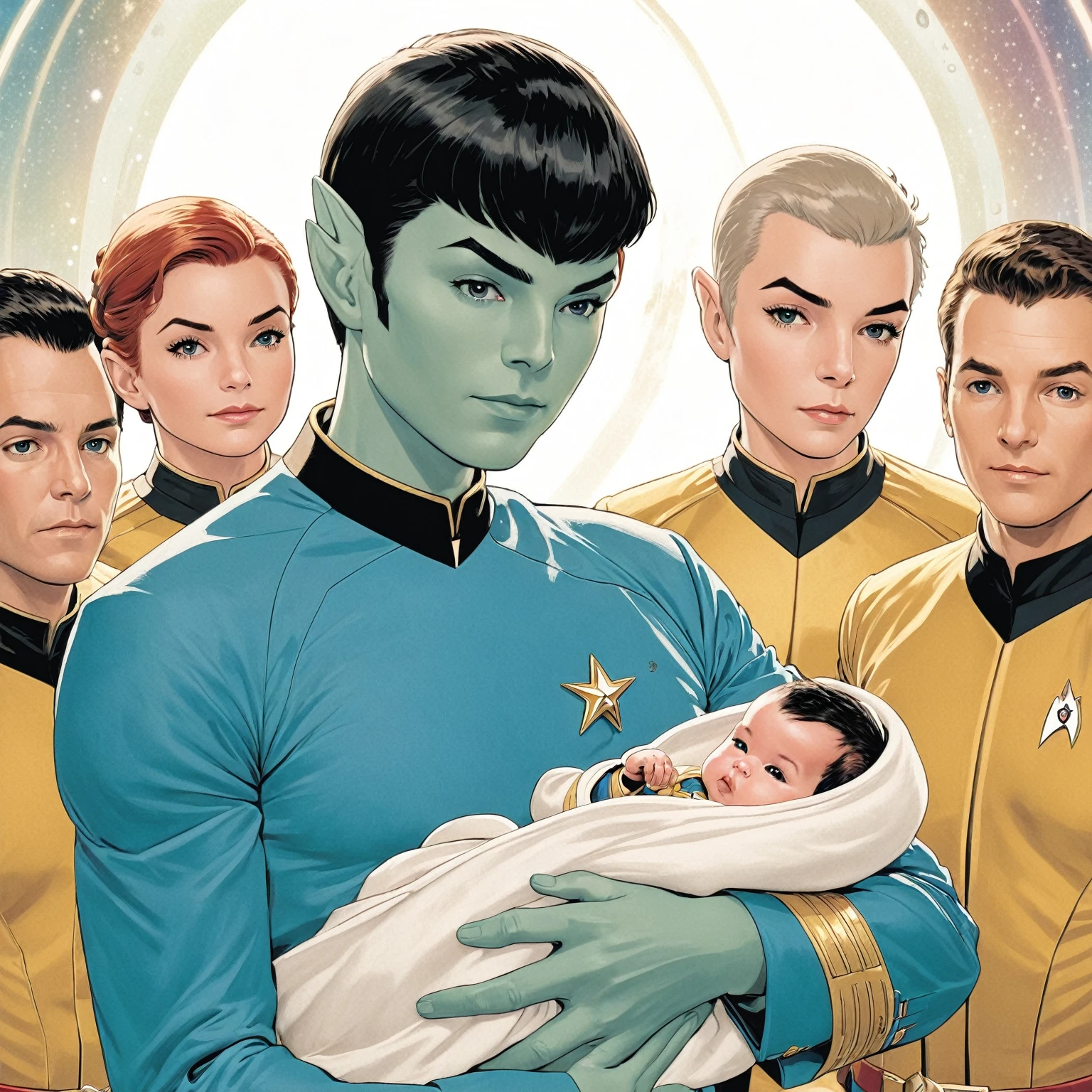 a close up of a person holding a baby in a star trek uniform, by Chip Zdarsky, textless, from star trek 2021, from star trek, by Chris Moore, star trek, spock, mark waid, by Bob Singer, by Matt Stewart, by John La Gatta, by Greg Staples, by Matt Bors