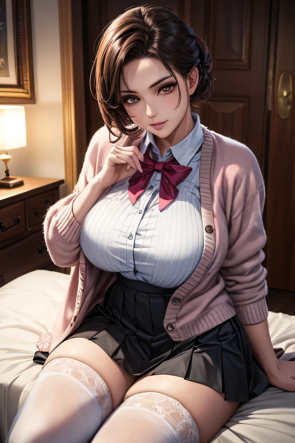 1 female, (Beautiful face with detailed shading), whole body, 40s, (Big Breasts), Beaver, Brown eyes, (Pink Cardigan), Open cardigan, White Camisole Blouse, (Yellow pleated skirt), White knee-highs, On the bed, (Tabletop)), ((Highest quality)), (Super detailed), ((Fascinating)), ((Very detailed)), 4K, (8K), Highest quality, (beautiful),(((World Class Quality))), Very detailed, High resolution,