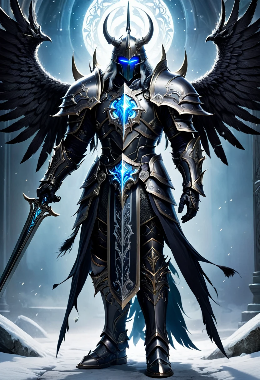 Create a detailed character design for a Nephilim knight, blending elements of celestial heritage and dark, forbidding armor reminiscent of a Death Knight. This character should embody a fusion of divine power and ominous presence. Take inspiration from the Warcraft universe, particularly the character of Arthas, in both his princely and Death Knight forms.
**Character Background:**
- **Name:** Seraphim Arcturus
- **Lineage:** Half-angel, half-human, with a tragic past that led to his fall from grace.
- **Role:** A fallen protector turned dark avenger, bound to both celestial duties and a cursed destiny.
**Physical Appearance:**
- **Height:** 6'6"
- **Build:** Muscular and imposing, yet retains an ethereal grace.
- **Eyes:** Glowing with an icy blue light, reminiscent of the Lich King's gaze.
- **Hair:** Long, silver, and flowing, often seen peeking out from beneath his helmet.
- **Wings:** Once pure and angelic, now tattered and darkened with shadowy tendrils.
**Armor:**
- **Design:** Heavy, ornate Death Knight armor with intricate engravings and glowing runes. The armor should combine elements of angelic design (such as feathers or wing motifs) with dark, corrupted aesthetics (like skulls, spikes, and jagged edges).
- **Helmet:** A fearsome helm that covers the entire face, leaving only the glowing blue eyes visible through the slits. It should have a crown-like structure, echoing the fallen royalty theme.
- **Chestplate:** Massive and broad, with a central glowing rune and faint traces of angelic sigils that have been corrupted.
- **Gauntlets:** Clawed and spiked, capable of channeling dark energy.
- **Leg Armor:** Heavy greaves with sharp, angular designs, covered in dark, shadowy engravings.
**Weapon:**
- **Sword:** A massive, rune-inscribed blade that exudes a frosty aura, similar to Frostmourne. The