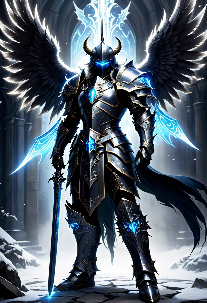 Create a detailed character design for a Nephilim knight, blending elements of celestial heritage and dark, forbidding armor reminiscent of a Death Knight. This character should embody a fusion of divine power and ominous presence. Take inspiration from the Warcraft universe, particularly the character of Arthas, in both his princely and Death Knight forms.
**Character Background:**
- **Name:** Seraphim Arcturus
- **Lineage:** Half-angel, half-human, with a tragic past that led to his fall from grace.
- **Role:** A fallen protector turned dark avenger, bound to both celestial duties and a cursed destiny.
**Physical Appearance:**
- **Height:** 6'6"
- **Build:** Muscular and imposing, yet retains an ethereal grace.
- **Eyes:** Glowing with an icy blue light, reminiscent of the Lich King's gaze.
- **Hair:** Long, silver, and flowing, often seen peeking out from beneath his helmet.
- **Wings:** Once pure and angelic, now tattered and darkened with shadowy tendrils.
**Armor:**
- **Design:** Heavy, ornate Death Knight armor with intricate engravings and glowing runes. The armor should combine elements of angelic design (such as feathers or wing motifs) with dark, corrupted aesthetics (like skulls, spikes, and jagged edges).
- **Helmet:** A fearsome helm that covers the entire face, leaving only the glowing blue eyes visible through the slits. It should have a crown-like structure, echoing the fallen royalty theme.
- **Chestplate:** Massive and broad, with a central glowing rune and faint traces of angelic sigils that have been corrupted.
- **Gauntlets:** Clawed and spiked, capable of channeling dark energy.
- **Leg Armor:** Heavy greaves with sharp, angular designs, covered in dark, shadowy engravings.
**Weapon:**
- **Sword:** A massive, rune-inscribed blade that exudes a frosty aura, similar to Frostmourne. The