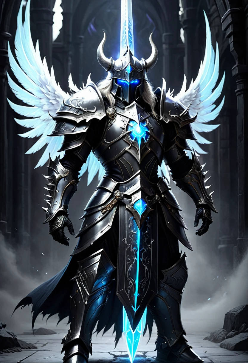 Create a detailed character design for a Nephilim knight, blending elements of celestial heritage and dark, forbidding armor reminiscent of a Death Knight. This character should embody a fusion of divine power and ominous presence. Take inspiration from the Warcraft universe, particularly the character of Arthas, in both his princely and Death Knight forms.
**Character Background:**
- **Name:** Seraphim Arcturus
- **Lineage:** Half-angel, half-human, with a tragic past that led to his fall from grace.
- **Role:** A fallen protector turned dark avenger, bound to both celestial duties and a cursed destiny.
**Physical Appearance:**
- **Height:** 6'6"
- **Build:** Muscular and imposing, yet retains an ethereal grace.
- **Eyes:** Glowing with an icy blue light, reminiscent of the Lich King's gaze.
- **Hair:** Long, silver, and flowing, often seen peeking out from beneath his helmet.
- **Wings:** Once pure and angelic, now tattered and darkened with shadowy tendrils.
**Armor:**
- **Design:** Heavy, ornate Death Knight armor with intricate engravings and glowing runes. The armor should combine elements of angelic design (such as feathers or wing motifs) with dark, corrupted aesthetics (like skulls, spikes, and jagged edges).
- **Helmet:** A fearsome helm that covers the entire face, leaving only the glowing blue eyes visible through the slits. It should have a crown-like structure, echoing the fallen royalty theme.
- **Chestplate:** Massive and broad, with a central glowing rune and faint traces of angelic sigils that have been corrupted.
- **Gauntlets:** Clawed and spiked, capable of channeling dark energy.
- **Leg Armor:** Heavy greaves with sharp, angular designs, covered in dark, shadowy engravings.
**Weapon:**
- **Sword:** A massive, rune-inscribed blade that exudes a frosty aura, similar to Frostmourne. The