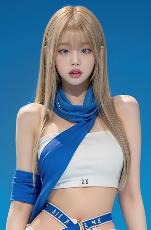 Blonde girl with blue scarf and white top posing for a photo with hazel eyes., roseanne park by blackpink, with long blonde hair, jossi de blackpink, with long white hair, lalisa manobal, heonhwa choe, jaeyeon nam, with long white hair, with long hair, kim taejin, Lalisa Manoban of Blackpink, Sakimichan, tanned skin, small shoulders with big breasts with a mini waist and big hips
