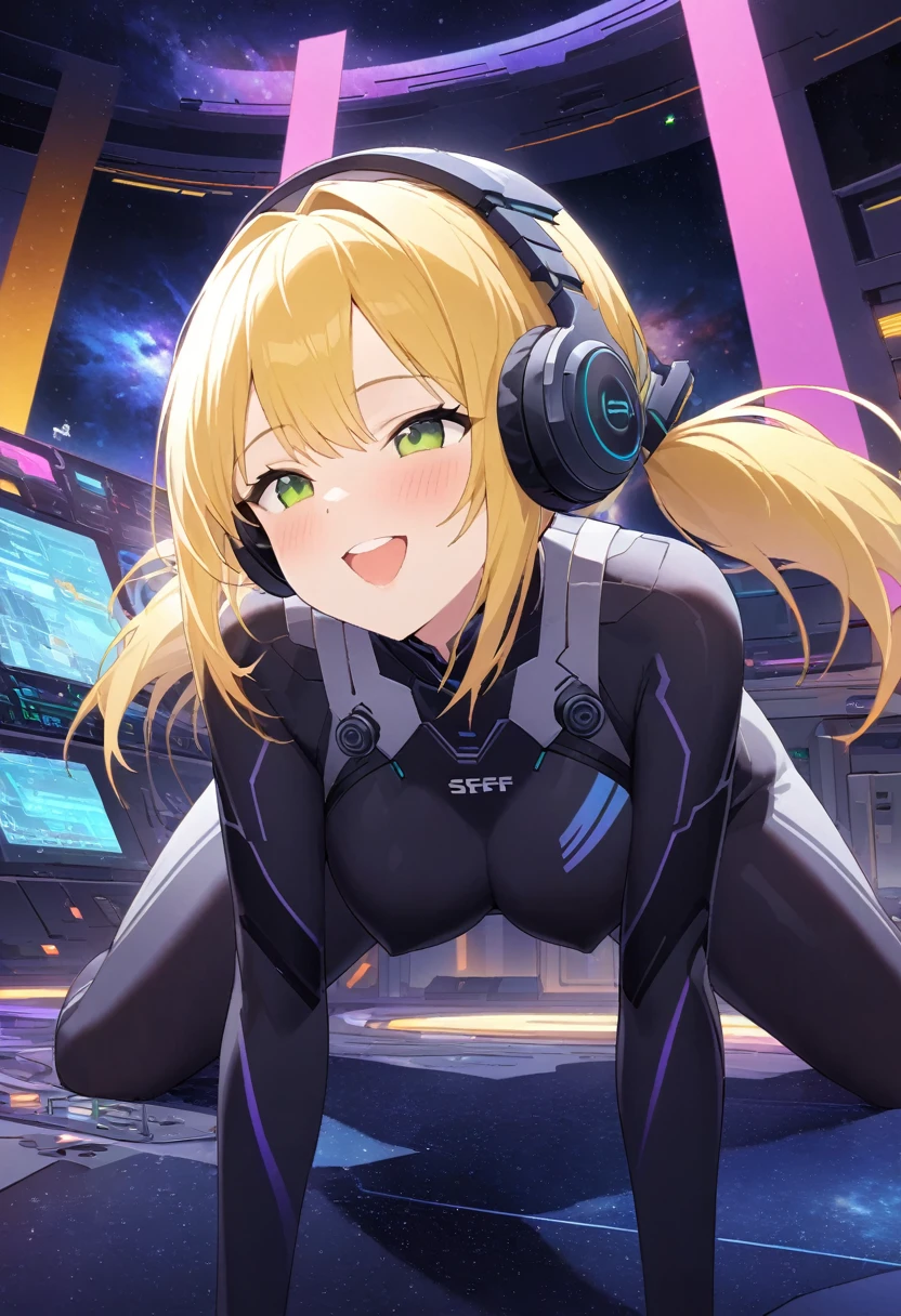 ​masterpiece:1.4, 1girl in ((20yr old, Dressed in a tight futuristic bodysuit in white and silver, long boots, huge-breasted, Multicolored blonde hair, twin ponytail, Perfect model body, Green eyes:1.4, Wearing headphones, Flirting, Happy, Big smile, on all fours, doggystyle sex, beautiful galaxy:1.2, SFSF control room on night background:1.1, Neon and energetic atmosphere:1.2)) ((Galaxy)) ((Solo:1.6))