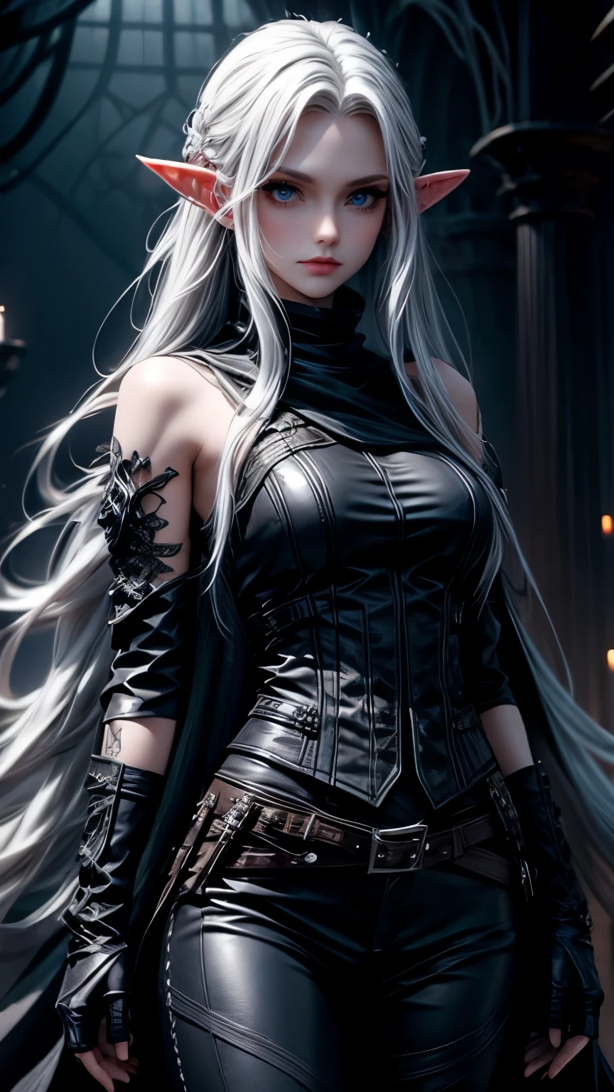 fully clothed, pale shadar-kai skin, elf, gloomy, silky white hair, long gloves, black leather armor, hair ornemant flower, standing up, rogue, sleeveless. Leather pants, Goth girl. Blue eyes. Pale.