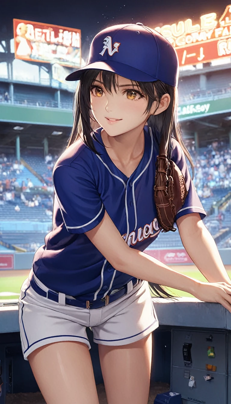 Highest quality, Super quality, 16K, Incredibly absurd, Very detailed, delicate and dynamic, SFW, Natural light, , Diffuse reflection of light, Vortex of Light, baseball Ground,mound, , , ,, Sparkling, Create amazing image effects, cash register, Upper body close-up, (cute sexy girl, , sexy long legs, Baseball pitcher, Sensual expression, fine, Active, smile, First pitch, moundに立つ, nervous, , black long hair, Baseball Uniform, hot pants, knee high socks, Wearing a baseball hat, Tifa Lockhart Final Fantasy VII )