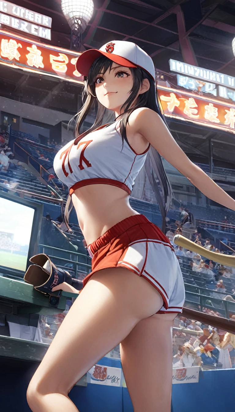 Highest quality, Super quality, 16K, Incredibly absurd, Very detailed, delicate and dynamic, SFW, Natural light, , Diffuse reflection of light, Vortex of Light, baseball Ground,mound, , , ,, Sparkling, Create amazing image effects, cash register, Upper body close-up, (cute sexy girl, , sexy long legs, Baseball pitcher, Sensual expression, fine, Active, smile, First pitch, moundに立つ, nervous, , black long hair, Baseball Uniform, hot pants, knee high socks, Wearing a baseball hat, Tifa Lockhart Final Fantasy VII )