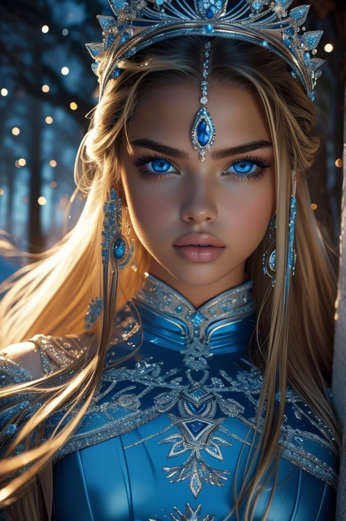 16 year old Adriana Lima, ultra detailed face, ultra detailed blue eyes, long blonde hair, (dress), tiara, winter, (((masterpiece)))