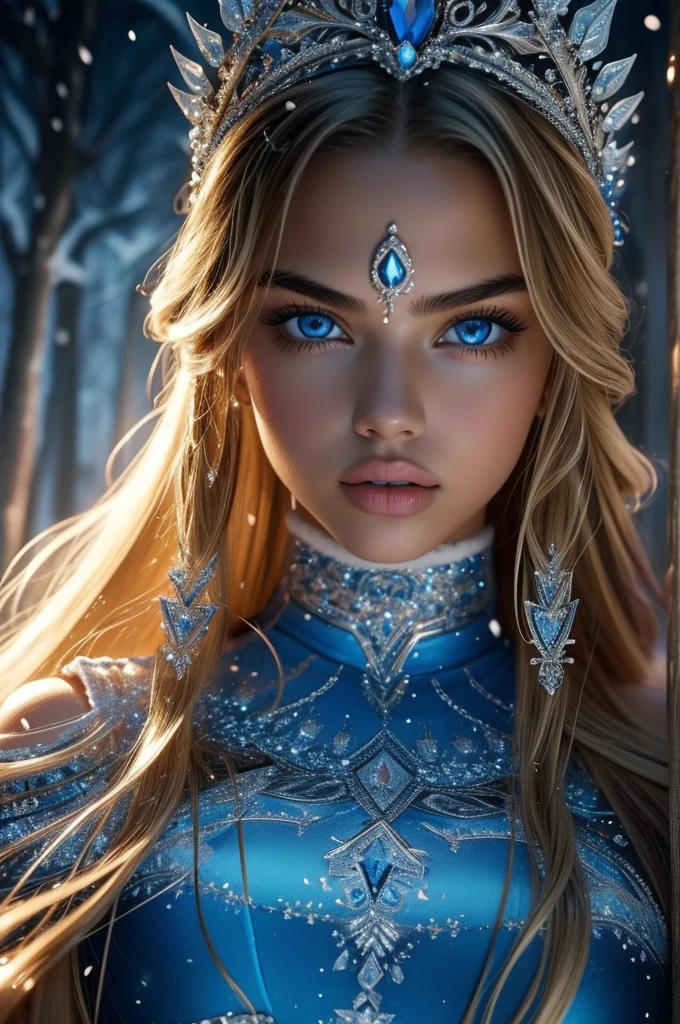 16 year old Adriana Lima, ultra detailed face, ultra detailed blue eyes, long blonde hair, (dress), tiara, winter, (((masterpiece)))