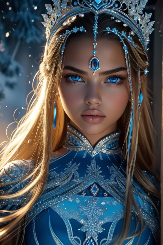 16 year old Adriana Lima, ultra detailed face, ultra detailed blue eyes, long blonde hair, (dress), tiara, winter, (((masterpiece)))