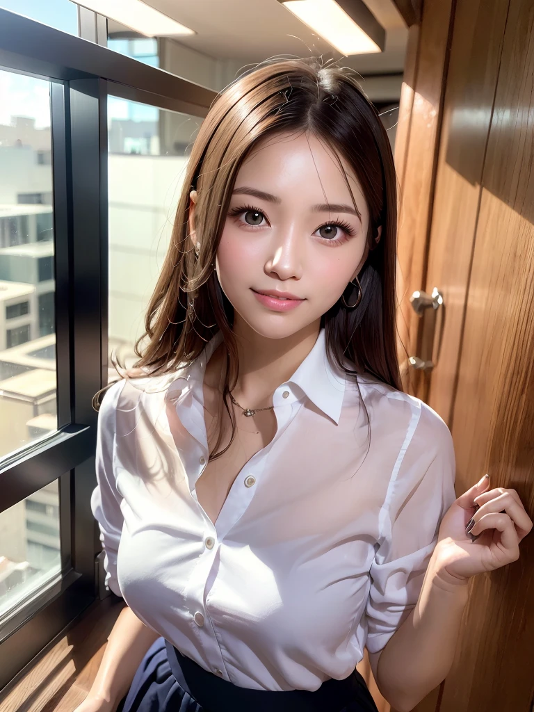 first-person-view, (masterpiece:1.3), high resolution, ultra detailed, extremely detailed CG unity 8k wallpaper, realistic, photo-realistic, RAW photo, beautiful detailed face, pale skin, realistic glistening skin, detailed cloth texture, detailed hair texture, Perfect body, Beautiful Face, accurate, Anatomically correct, Highly detailed face and skin texture, natural neck length, (beautiful hands), (fair skin:1.2), Thin legs, Thin feet,
BREAK,
Detailed eyes, symmetric eyes, Light Brown eyes, Double eyelids, Thin eyebrows, (Glossy lips:1.4), ((gently smile:1.2)), (blush:1.1),
BREAK,
(A Classy and Cute girl:1.3), (wearing a classy (Light Purple) Button shirt:1.2), (Navy long irregular hem skirt:1.2), close the button, (long skirt),
medium breasts, (slender figure:1.1), firm abs, beautiful clavicle,
(Dark blonde hair, wavy hair, long hair:1.2), ((asymmetrical bangs:1.2)),
BREAK,
((Guts pose:1.3))
((in the modern office of Japan)), (Cowboy shot:1.2), looking at viewer, view from slightly below,