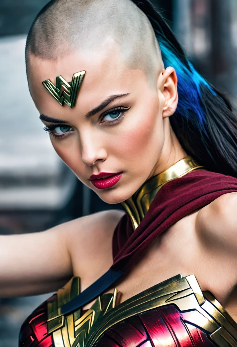 (((In extreme close-up, a beautiful Cyber Punk woman with a shaved head Diaema led Wonder Woman Adriana Lima under the mantle of the Amazon warrior Wonder Woman (((skinhead))),(((Diaema Led Wonder Woman front images images color Splash)))
