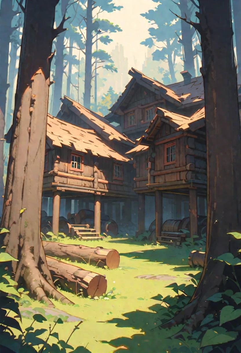 Style 9, a large group of cabins made of uneven logs of wood scattered across a clearing surrounded by immense, high walls.