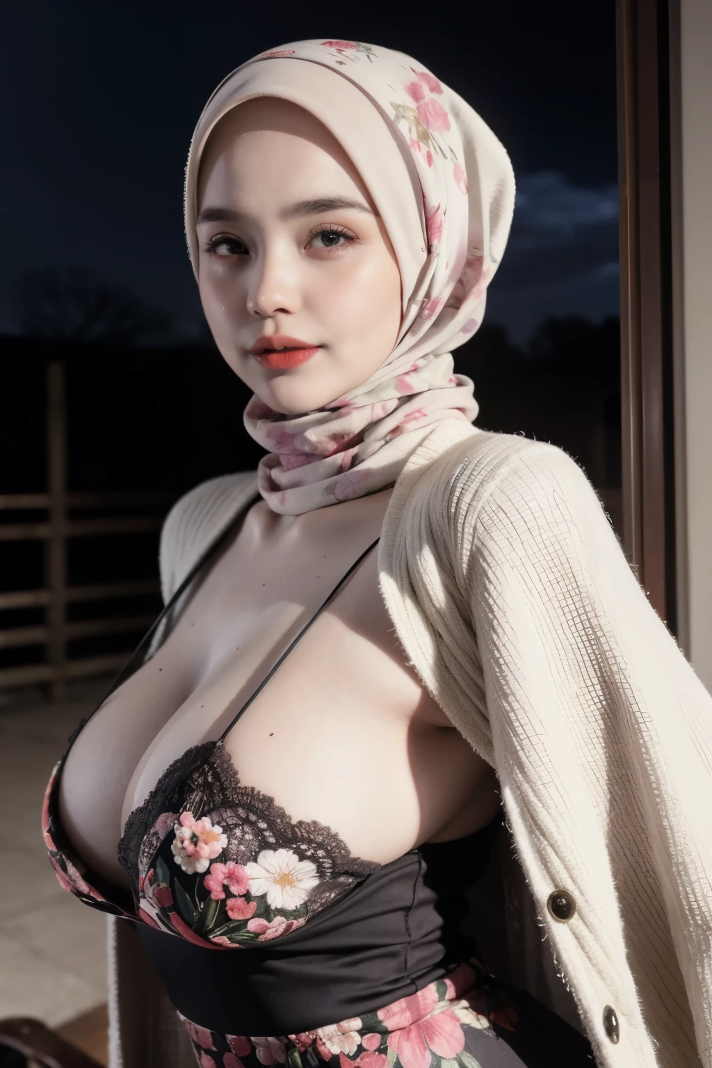 (PLUMPERS), ((Red Lips)), Coats Medium body portrait, ((Floral Pattern Hijab Stylish)), HALIMAH'S MOTHER IS 85 YEARS OLD HER BODY IS VERY FAT & NUDE AT A DARK NIGHT PLACE, Ultra High Res. realistic: 1.4, UHD, lace , very flat chest, half body portrait , skinny my body, view from side seductive pose , (old lady:1.4)