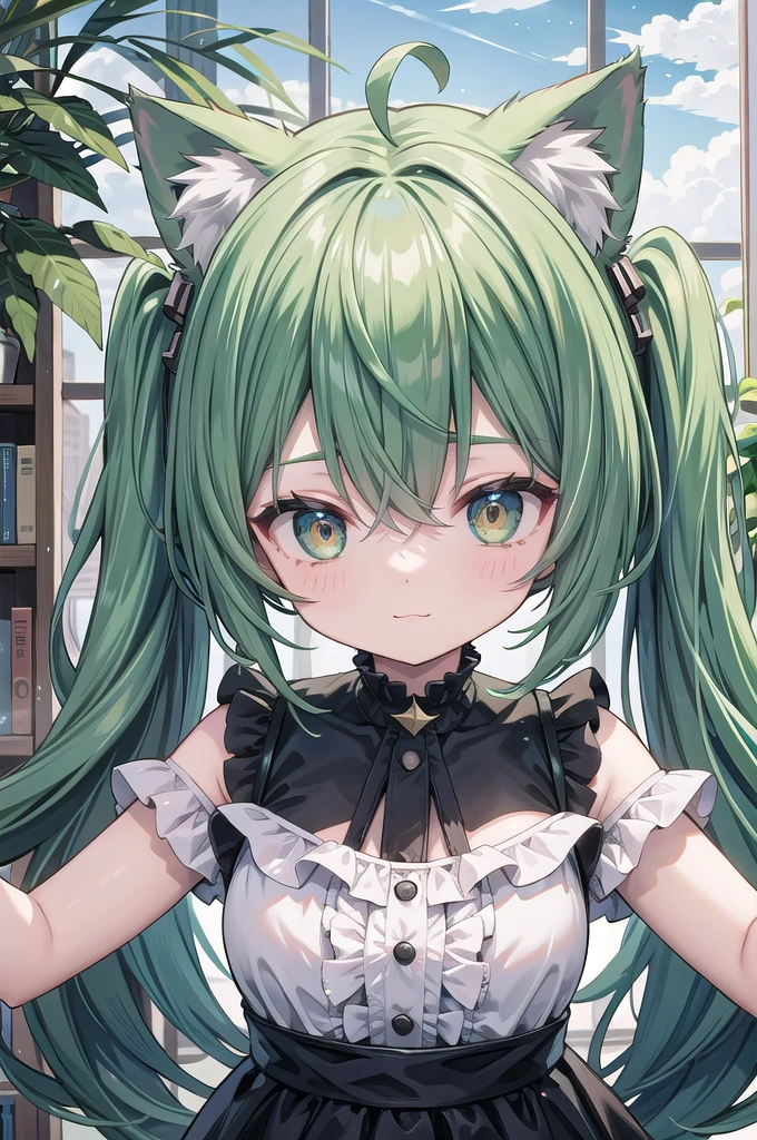 Super Deformed green hair Cat ears Curly hair