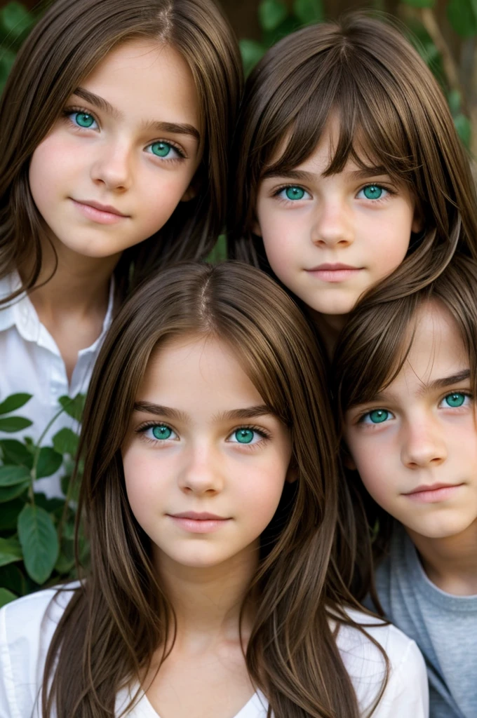 An identical girl and boy with green eyes and brown hair