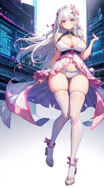 Kizi, breasts big, cute, Caucasian skin, baby face, pink eyeballs, White hair, good figure, super long and beautiful legs, white stockings, 8K, Computer graphics quality, master works, perfects eyes, eye details, right fingers, right thighs, NO extra fingers, no extra legs