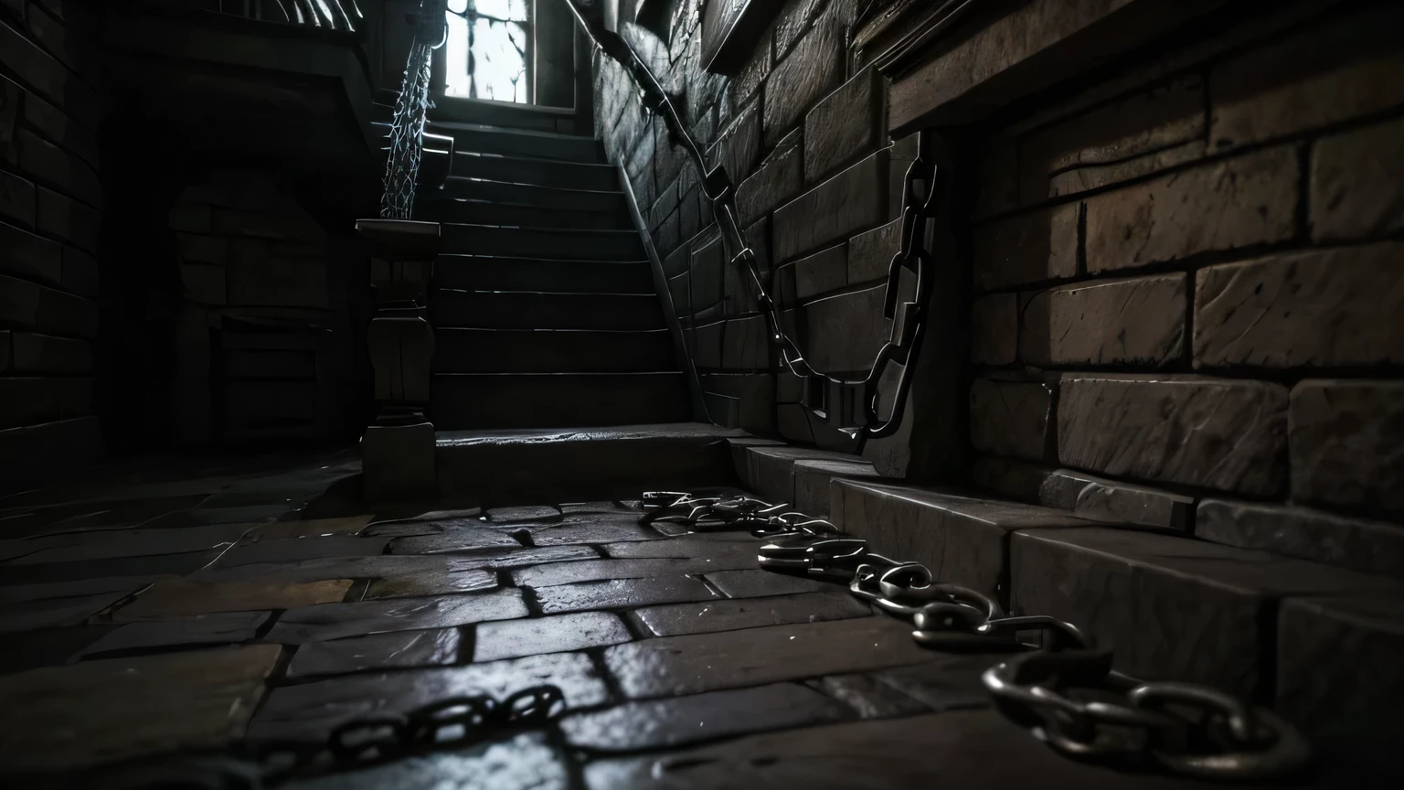 Dank basement of a haunted mansion, rusty chains hanging, dark figures crawling on the floor, shadows seeming to breathe on the stone walls.