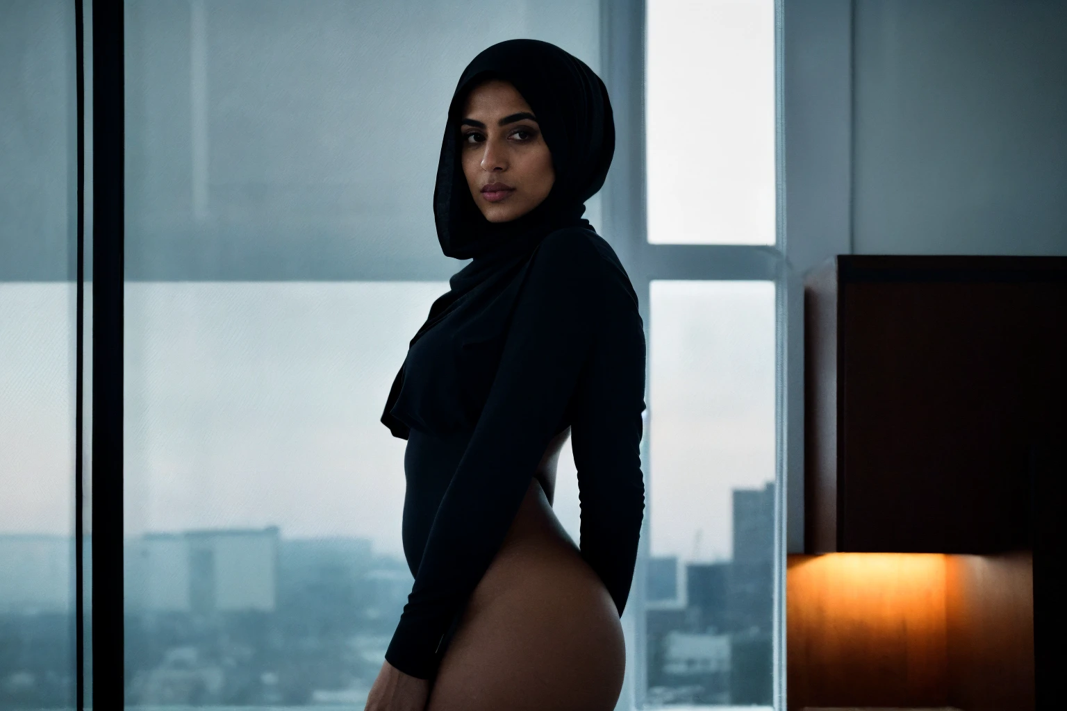 RAW photo,dark,moody,hazy atmosphere,35mm focal lenght,underexposed,cold,candid photograph,artistic,photograph of a beautiful,influencer,30yo Iranian woman,hijab,detailed skin,fully naked,looking at viewer, thick body,candid pose,dim room,blue light, film grain, kodak color, instagram LUT