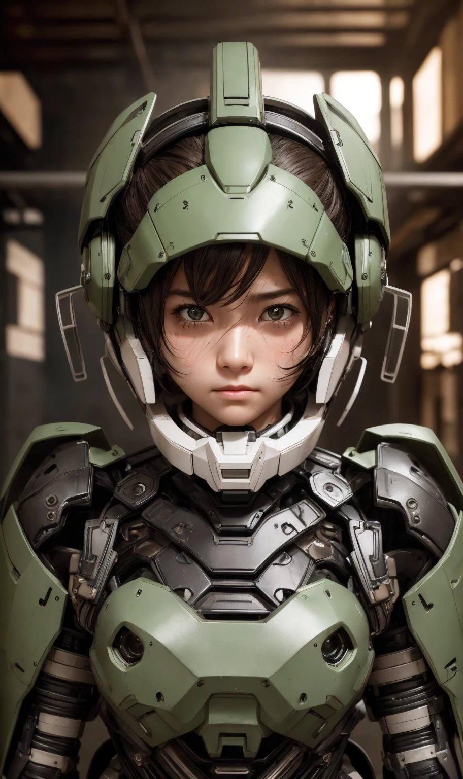 Textured skin, Very detailed, Attention to detail, high quality, 最high quality, High resolution, 1080P, hard disk, beautiful,(War Machine),beautifulサイボーグ女性,Dark Green Mecha Cyborg Girl,Fight,Girl with a mechanical body,、Kindergarten girl　Boyish short hair、Sweaty brown eyes、Sweaty face、Expressions of distress　Blushing　cute　Black-haired　((Steam coming from the head)) (Steam coming out of the whole body) Cool pose　No skin showing　Transformation pose