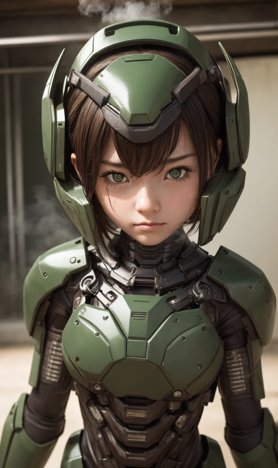 Textured skin, Very detailed, Attention to detail, high quality, 最high quality, High resolution, 1080P, hard disk, beautiful,(War Machine),beautifulサイボーグ女性,Dark Green Mecha Cyborg Girl,Fight,Girl with a mechanical body,、Kindergarten girl　Boyish short hair、Sweaty brown eyes、Sweaty face、Expressions of distress　Blushing　cute　Black-haired　((Steam coming from the head)) (Steam coming out of the whole body) Cool pose　No skin showing　Transformation pose