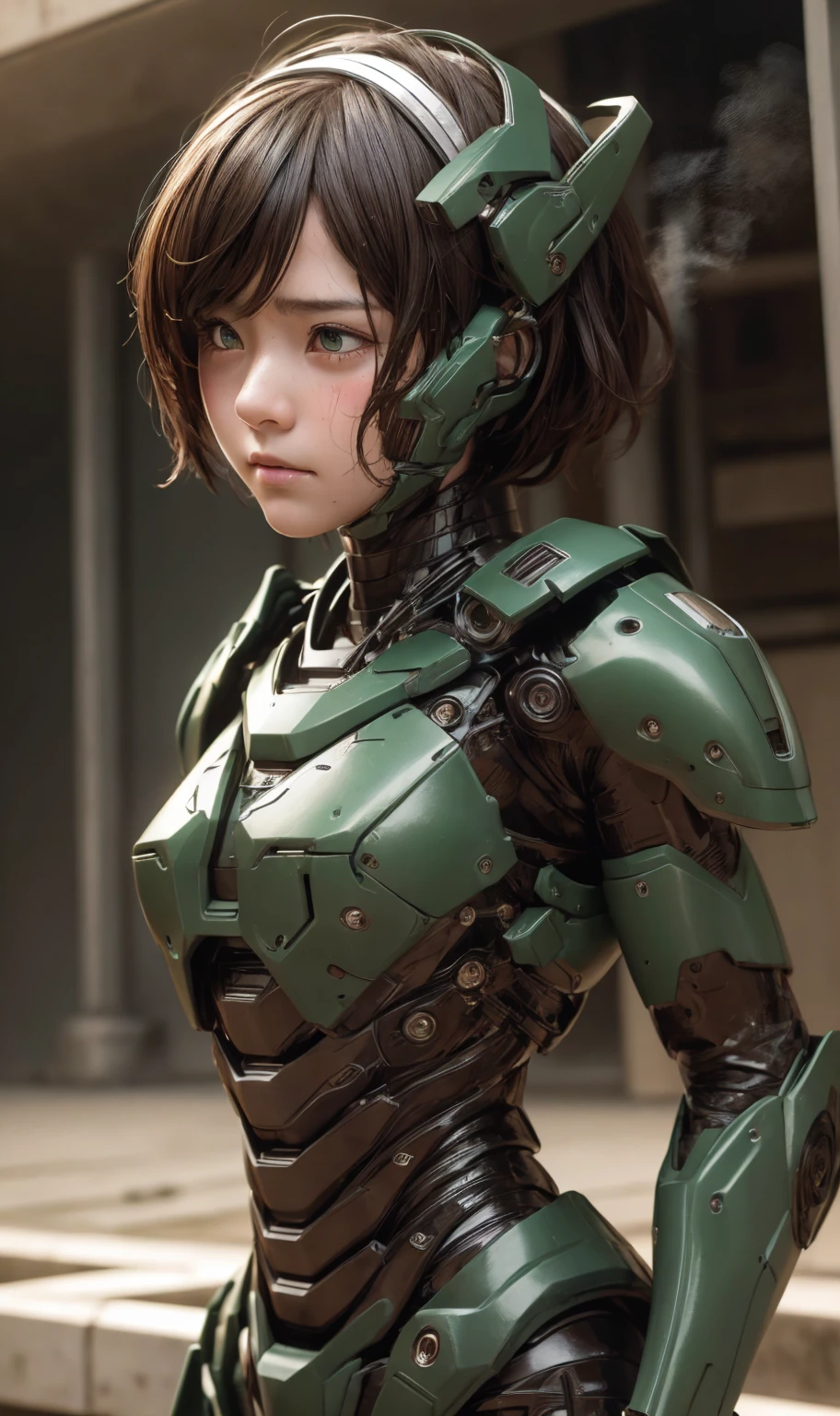 Textured skin, Very detailed, Attention to detail, high quality, 最high quality, High resolution, 1080P, hard disk, beautiful,(War Machine),beautifulサイボーグ女性,Dark Green Mecha Cyborg Girl,Fight,Girl with a mechanical body,、Kindergarten girl　Boyish short hair、Sweaty brown eyes、Sweaty face、Expressions of distress　Blushing　cute　Black-haired　((Steam coming from the head)) (Steam coming out of the whole body) Cool pose　No skin showing　Transformation pose