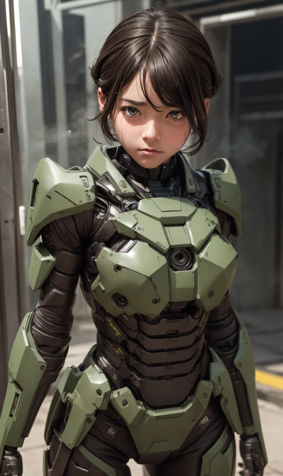 Textured skin, Very detailed, Attention to detail, high quality, 最high quality, High resolution, 1080P, hard disk, beautiful,(War Machine),beautifulサイボーグ女性,Dark Green Mecha Cyborg Girl,Fight,Girl with a mechanical body,、ergartl　Boyish short hair、Sweaty brown eyes、Sweaty face、Expressions of distress　Blushing　cute　Black-haired　((Steam coming from the head)) (Steam coming out of the whole body) Cool pose　No skin showing　Transformation pose