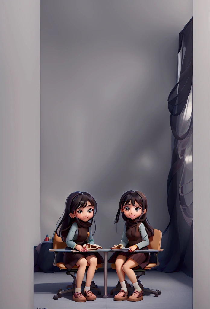 A beautiful girl with a modern Islamic hijab tied to her neck, her dress is long and modest, smiling and looking happy, Disney Pixar style cartoon, at school in the classroom with her friends.. They sit together at a table, studying and helping each other with their homework. The classroom is bright and cheerful, with posters on the walls and books on the desks..