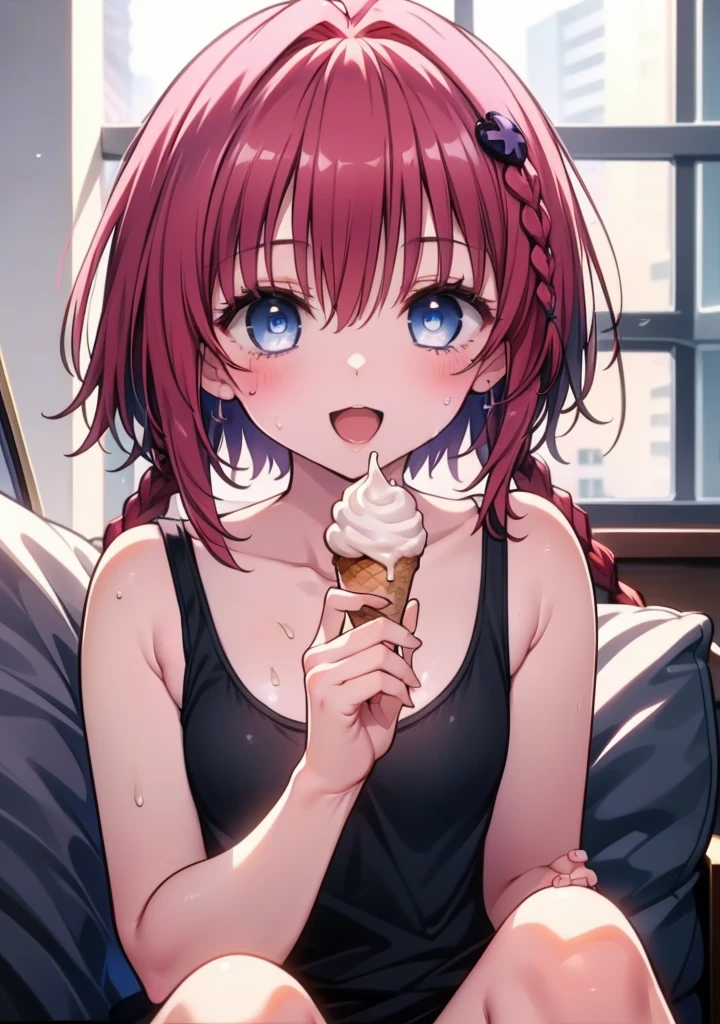 Mea kurosaki,Mea Kurosaki,Redhead,Long Hair,Long braids,Purple eyes,smile,Open your mouth,Black Tank Top,Black string underwear,barefoot,Sweat,Holding ice cream in both hands,Eating ice cream,Sitting on the sofa,whole bodyがイラストに入るように,
break looking at viewer, whole body, 　　　　　　　　break outdoors, room, 　　　　　　　　　　　　　break (masterpiece:1.2), Highest quality, High resolution, unity 8k wallpaper, (shape:0.8), (Beautiful and beautiful eyes:1.6), Highly detailed face, Perfect lighting, Extremely detailed CG, (Perfect hands, Perfect Anatomy),