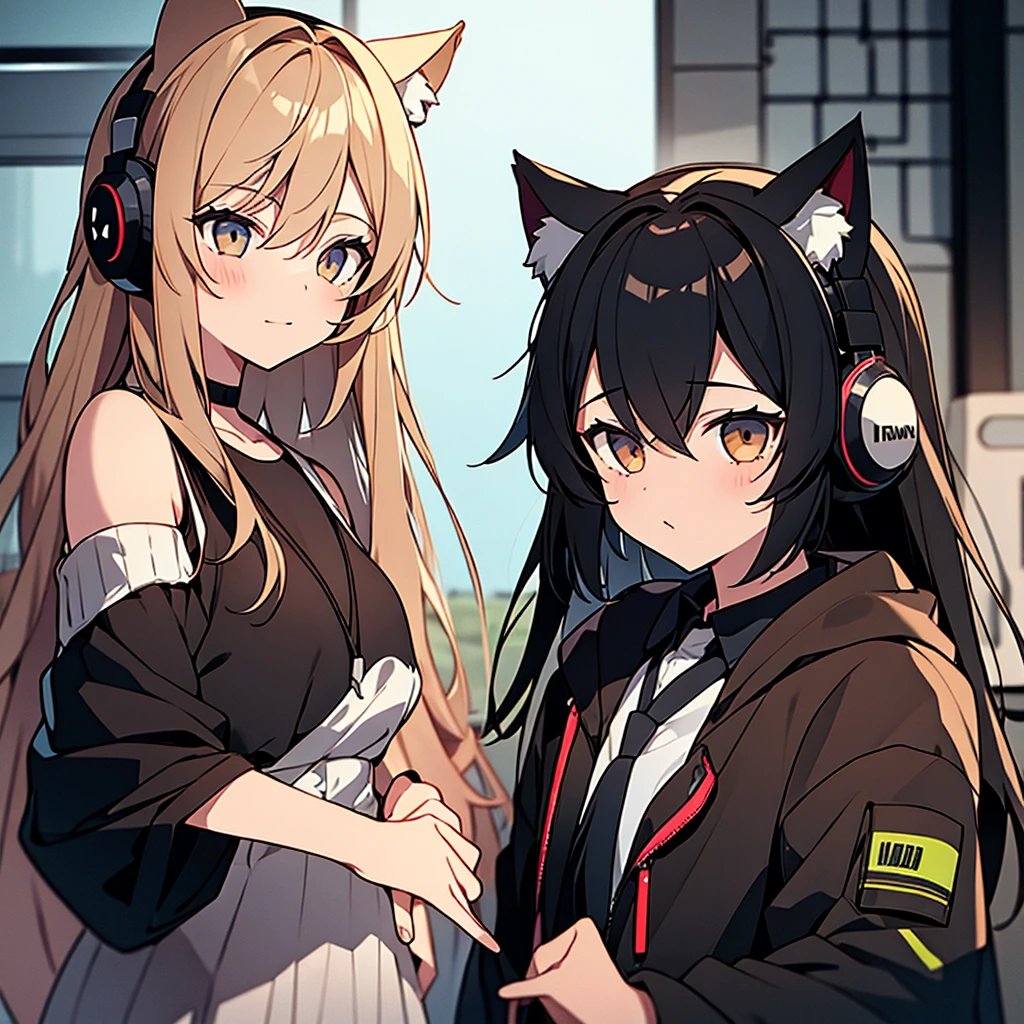 Girl with cat ears standing with a boy wearing headphones
