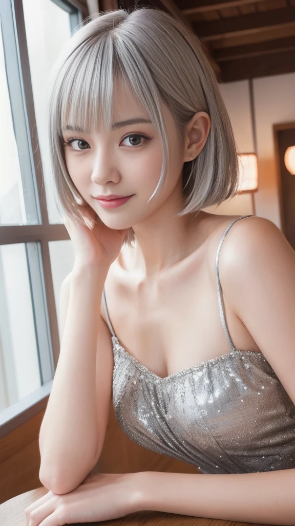 (A cute young Japanese girl, short silver hair:1.5), porcelain white skin, wearing a lacy camisole with a slender figure, sitting in an Italian cafe, drinking black tea,beautiful detailed eyes with long eyelashes, charming and dropped eyes, lovely smiling lips, extremely detailed face without makeup, best quality, 4k, 8k, highres, masterpiece, ultra-detailed, realistic, photorealistic, photo-realistic, HDR, UHD, studio lighting, ultra-fine painting, sharp focus, physically-based rendering, extreme detail description, professional, vivid colors, bokeh, portraits, soft pastel colors, natural lighting, cinematic composition