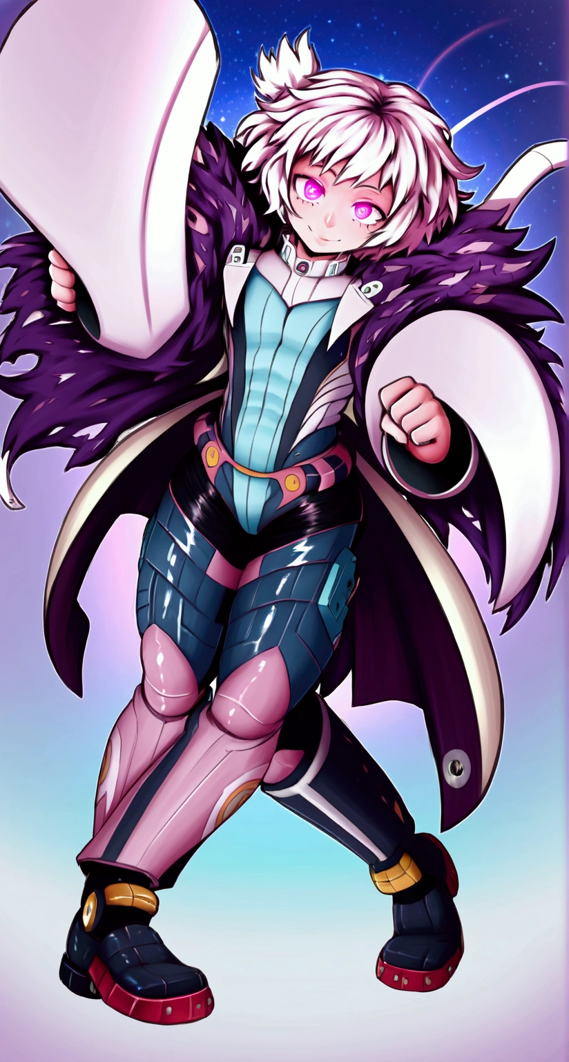 muscular man, futuristic detailed outfit, glowing eyes, pink eyes, white hair, dark background, stars, colorful, my hero academia style, best quality, 4k, 8k, highres, masterpiece:1.2, ultra-detailed, realistic, photorealistic, photo-realistic:1.37, HDR, UHD, studio lighting, ultra-fine painting, sharp focus, physically-based rendering, extreme detail description, professional, vivid colors, bokeh, menino, menino, Man man, boy, boy, boy, Men men
