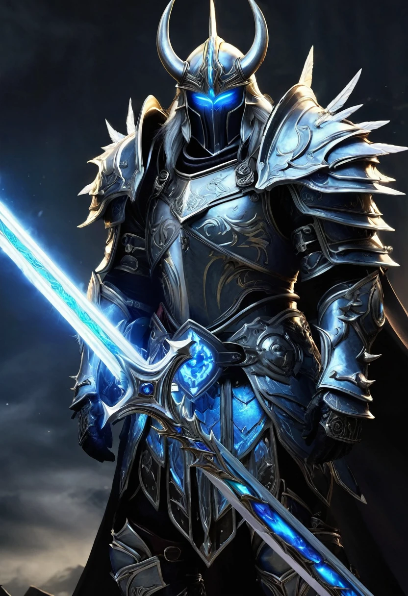 Create a detailed character design for a Nephilim knight, blending elements of celestial heritage and dark, forbidding armor reminiscent of a Death Knight. This character should embody a fusion of divine power and ominous presence. Take inspiration from the Warcraft universe, particularly the character of Arthas, in both his princely and Death Knight forms.
**Character Background:**
- **Name:** Seraphim Arcturus
- **Lineage:** Half-angel, half-human, with a tragic past that led to his fall from grace.
- **Role:** A fallen protector turned dark avenger, bound to both celestial duties and a cursed destiny.
**Physical Appearance:**
- **Height:** 6'6"
- **Build:** Muscular and imposing, yet retains an ethereal grace.
- **Eyes:** Glowing with an icy blue light, reminiscent of the Lich King's gaze.
- **Hair:** Long, silver, and flowing, often seen peeking out from beneath his helmet.
- **Wings:** Once pure and angelic, now tattered and darkened with shadowy tendrils.
**Armor:**
- **Design:** Heavy, ornate Death Knight armor with intricate engravings and glowing runes. The armor should combine elements of angelic design (such as feathers or wing motifs) with dark, corrupted aesthetics (like skulls, spikes, and jagged edges).
- **Helmet:** A fearsome helm that covers the entire face, leaving only the glowing blue eyes visible through the slits. It should have a crown-like structure, echoing the fallen royalty theme.
- **Chestplate:** Massive and broad, with a central glowing rune and faint traces of angelic sigils that have been corrupted.
- **Gauntlets:** Clawed and spiked, capable of channeling dark energy.
- **Leg Armor:** Heavy greaves with sharp, angular designs, covered in dark, shadowy engravings.
**Weapon:**
- **Sword:** A massive, rune-inscribed blade that exudes a frosty aura, similar to Frostmourne. The