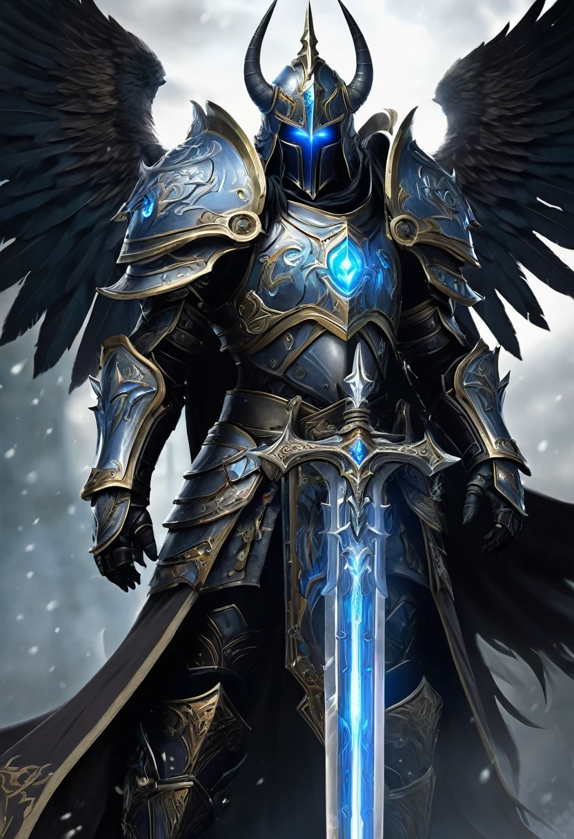

Create a detailed character design for a Nephilim knight, blending elements of celestial heritage and dark, forbidding armor reminiscent of a Death Knight. This character should embody a fusion of divine power and ominous presence. Take inspiration from the Warcraft universe, particularly the character of Arthas, in both his princely and Death Knight forms.

**Character Background:**
- **Name:** Seraphim Arcturus
- **Lineage:** Half-angel, half-human, with a tragic past that led to his fall from grace.
- **Role:** A fallen protector turned dark avenger, bound to both celestial duties and a cursed destiny.

**Physical Appearance:**
- **Height:** 6'6"
- **Build:** Muscular and imposing, yet retains an ethereal grace.
- **Eyes:** Glowing with an icy blue light, reminiscent of the Lich King's gaze.
- **Hair:** Long, silver, and flowing, often seen peeking out from beneath his helmet.
- **Wings:** Once pure and angelic, now tattered and darkened with shadowy tendrils.

**Armor:**
- **Design:** Heavy, ornate Death Knight armor with intricate engravings and glowing runes. The armor should combine elements of angelic design (such as feathers or wing motifs) with dark, corrupted aesthetics (like skulls, spikes, and jagged edges).
- **Helmet:** A fearsome helm that covers the entire face, leaving only the glowing blue eyes visible through the slits. It should have a crown-like structure, echoing the fallen royalty theme.
- **Chestplate:** Massive and broad, with a central glowing rune and faint traces of angelic sigils that have been corrupted.
- **Gauntlets:** Clawed and spiked, capable of channeling dark energy.
- **Leg Armor:** Heavy greaves with sharp, angular designs, covered in dark, shadowy engravings.

**Weapon:**
- **Sword:** A massive, rune-inscribed blade that exudes a frosty aura, similar to Frostmourne. The