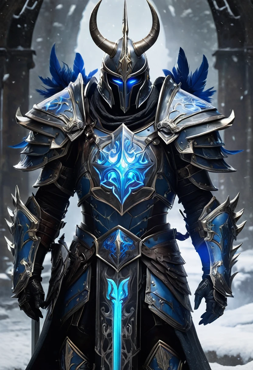 Create a detailed character design for a Nephilim knight, blending elements of celestial heritage and dark, forbidding armor reminiscent of a Death Knight. This character should embody a fusion of divine power and ominous presence. Take inspiration from the Warcraft universe, particularly the character of Arthas, in both his princely and Death Knight forms.
**Character Background:**
- **Name:** Seraphim Arcturus
- **Lineage:** Half-angel, half-human, with a tragic past that led to his fall from grace.
- **Role:** A fallen protector turned dark avenger, bound to both celestial duties and a cursed destiny.
**Physical Appearance:**
- **Height:** 6'6"
- **Build:** Muscular and imposing, yet retains an ethereal grace.
- **Eyes:** Glowing with an icy blue light, reminiscent of the Lich King's gaze.
- **Hair:** Long, silver, and flowing, often seen peeking out from beneath his helmet.
- **Wings:** Once pure and angelic, now tattered and darkened with shadowy tendrils.
**Armor:**
- **Design:** Heavy, ornate Death Knight armor with intricate engravings and glowing runes. The armor should combine elements of angelic design (such as feathers or wing motifs) with dark, corrupted aesthetics (like skulls, spikes, and jagged edges).
- **Helmet:** A fearsome helm that covers the entire face, leaving only the glowing blue eyes visible through the slits. It should have a crown-like structure, echoing the fallen royalty theme.
- **Chestplate:** Massive and broad, with a central glowing rune and faint traces of angelic sigils that have been corrupted.
- **Gauntlets:** Clawed and spiked, capable of channeling dark energy.
- **Leg Armor:** Heavy greaves with sharp, angular designs, covered in dark, shadowy engravings.
**Weapon:**
- **Sword:** A massive, rune-inscribed blade that exudes a frosty aura, similar to Frostmourne. The
