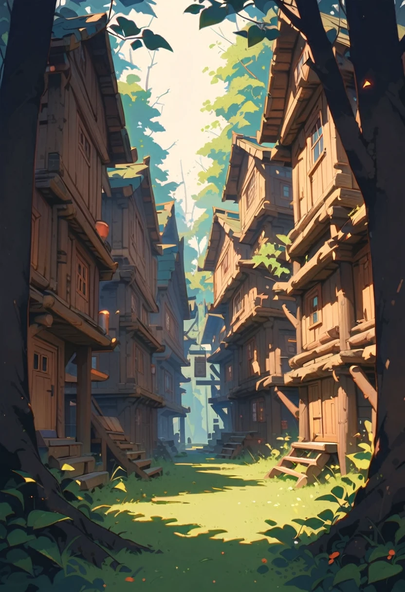 Style 9, a large group of cabins made of uneven logs of wood scattered across a clearing surrounded by immense, high walls.