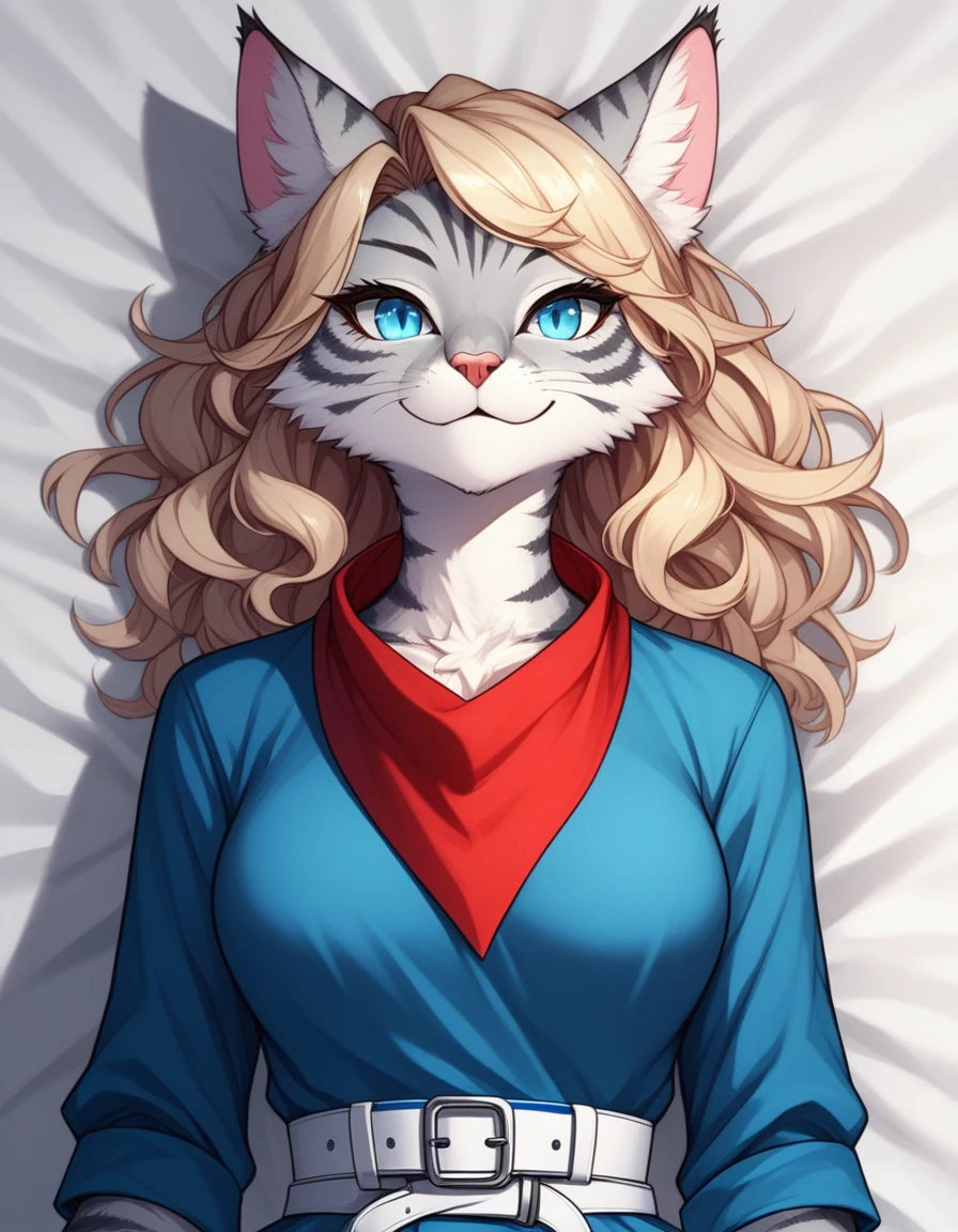 score_9,score_8_up,score_7_up, kemono style, Kat, Anthro furry feline, silver fur, grey stripes on body, blue eyes, short wavy blonde hair, red bandana tied to head, pink nose, :3, upper body shot, portrait, wearing blue checkered romper, white belt, lying seductively on the hood of a 1940s Cadillac automobile full body shot, barefoot feet paws 4 toes