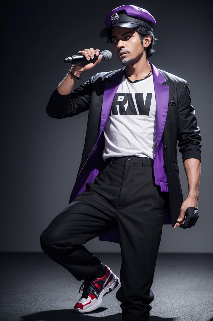 (best qualityer)4k resolution make a black shadow adult man with black hair back with a microphone and with the cap on the left side holding a microphone with pants torn at the knee with a purple blouse inside and with torn gloves and with sneakers and red eyes style design