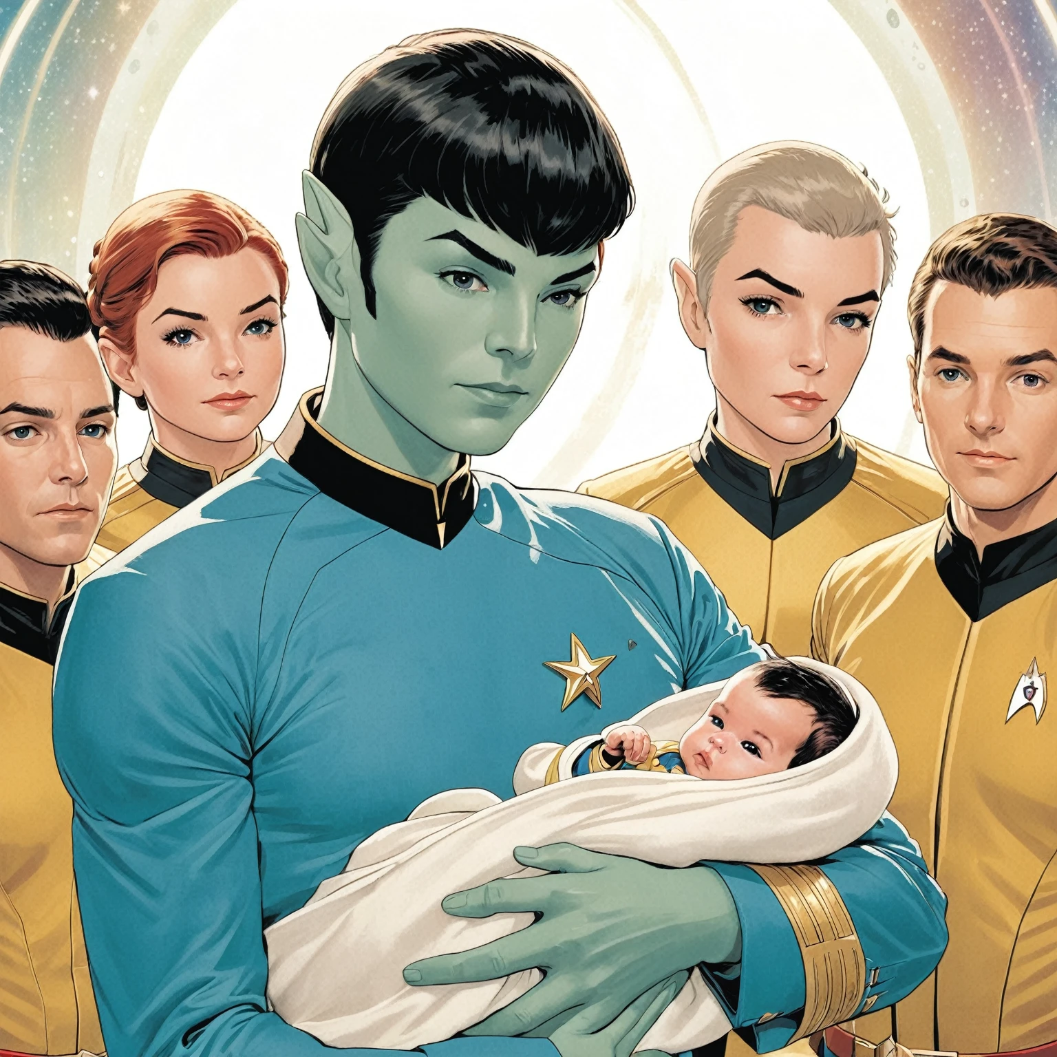 arafed image of a group of people holding a baby, textless, by Chip Zdarsky, phil noto comicbook cover art, star trek, phil noto comic art, by Chris Moore, from star trek 2021, by John La Gatta, by Greg Staples, phil noto, by Craig Thompson, spock