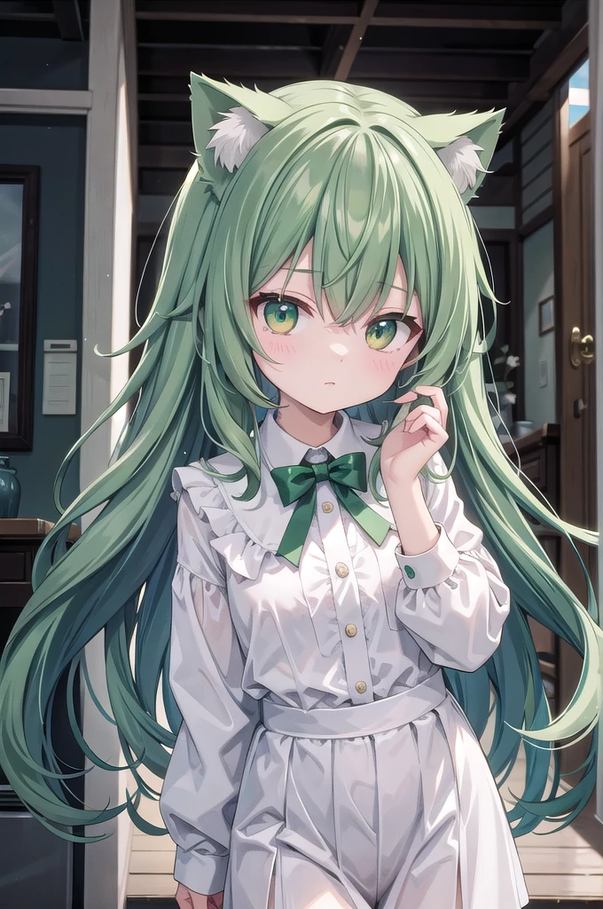 Super Deformed green hair Cat ears Curly hair