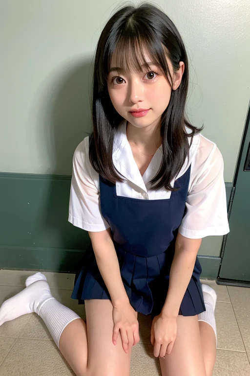 ((Highest quality)), ((masterpiece)), (detailed), High resolution、32k、Live Action、Genuine、Actual product、Genuine、Genuine、Professional Lighting、spotlight on faceを当てる、The best beautiful girl、とにかくcute、Face similar to Haruka Fukuhara、日本一cute女子高生、Smooth semi-long hair、Shiny black hair、Small face、Fair skin、Big eyes、double eyelid、Long eyelashes、Tear bags、Glowing black eyes、Blushed、skinny、Thin neck、Thin arms、Narrow shoulders、uniform、Short-sleeved sailor uniform、White Sailor Suit、Navy blue pleated mini skirt、White socks、Black loafer shoes、Translucent white skin、Small Bust、Small Bust, cup、smile、cuteおしり、Beautiful feet、night classroom、dim、shy、cute、Similar to Haruka Fukuhara、spotlight on face、Well-formed face、Watery eye、thin、cute、beauty、Adorable、、Soft Skin、Full Body Shot、Slim and beautiful legs、White socks、Black loafer shoes、Facial lighting、Sparkling eyes、A charming face、Navy blue pleated mini skirt、White socks、Black Loafer Shoes