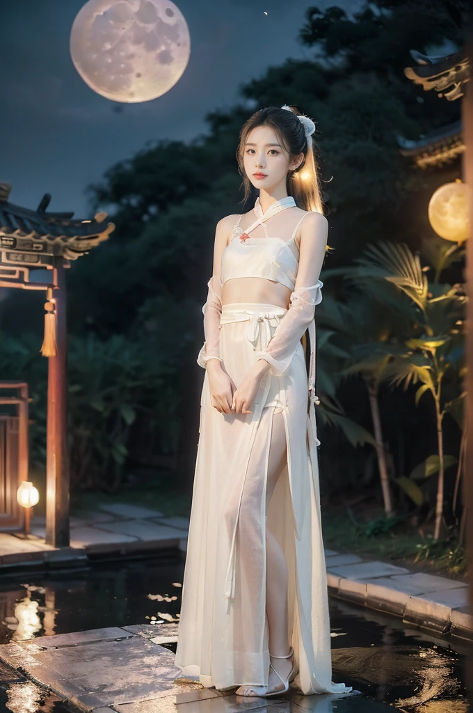 (((best quality))),(((ultra detailed))),(((masterpiece))),illustration,((1 beautiful girl,solo)),(short ponytail:1.2),((bright eyes,gentle smile)),((slim,thin)),((small breasts,flat chest)),(white see through sheer strap Hanfu:1.3),(slender legs:1.2),flowing fabric,serene demeanor,vibrant plants and trees,(Chinese-style architecture:1.3),tile roofs,intricate wooden carvings,rich and vivid colors,(serene glow of the moon:1.5),(((colorful clouds))),traditional Chinese garment,(((summer night,village courtyard))),(standing:1.3),(arms behind back:1.3),((from front,upper body))