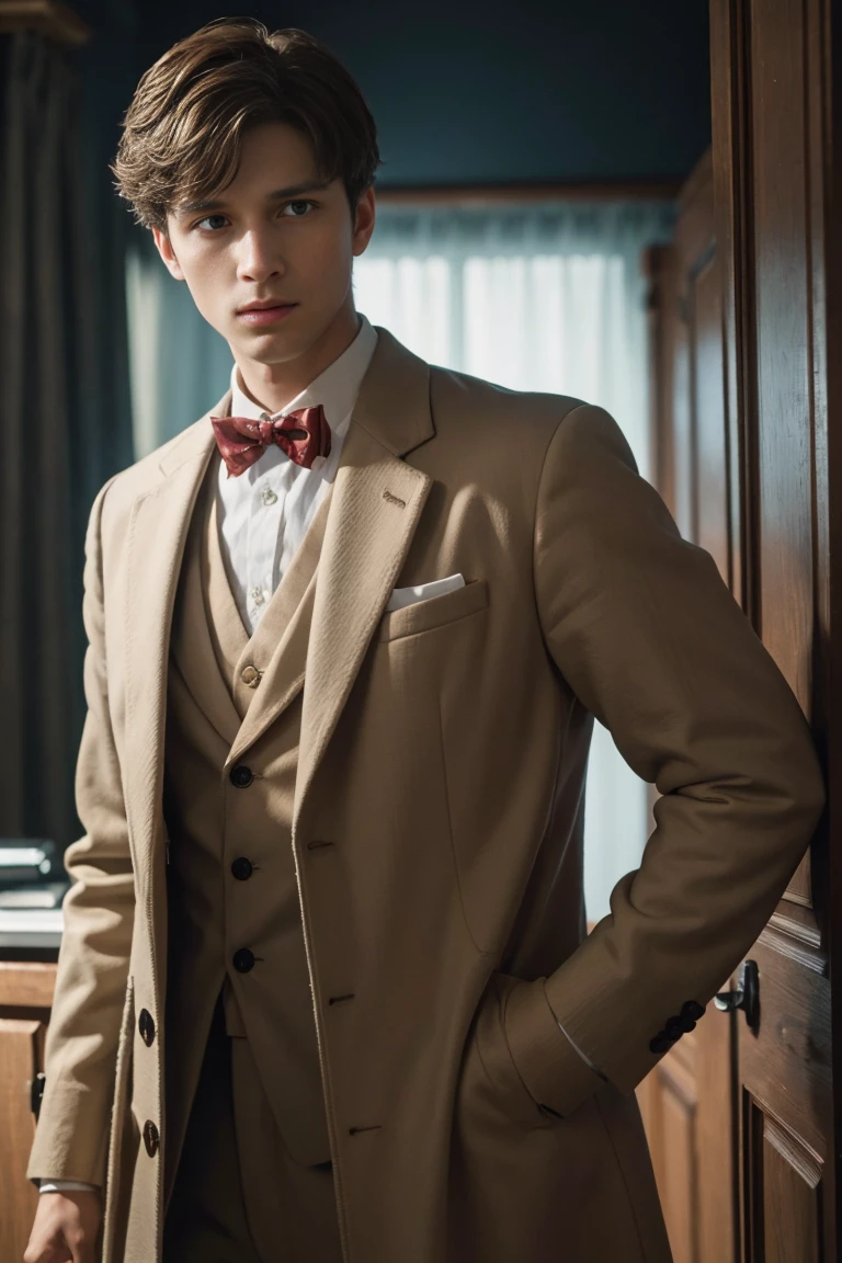 Roman Emperor Augustus as The Doctor from Doctor Who, wearing a light brown cardboard like color buttoned up coat jacket that covers a white long sleeve polo featuring an english spread collar and a brownish red bowtie, he looks like his mid 20s with short brown hair and who looks just like augustus, cinematic shot, dynamic lighting, 75mm, Technicolor, Panavision, cinemascope, sharp focus, fine details, 8k, HDR, realism, realistic, key visual, film still, superb cinematic color grading, depth of field