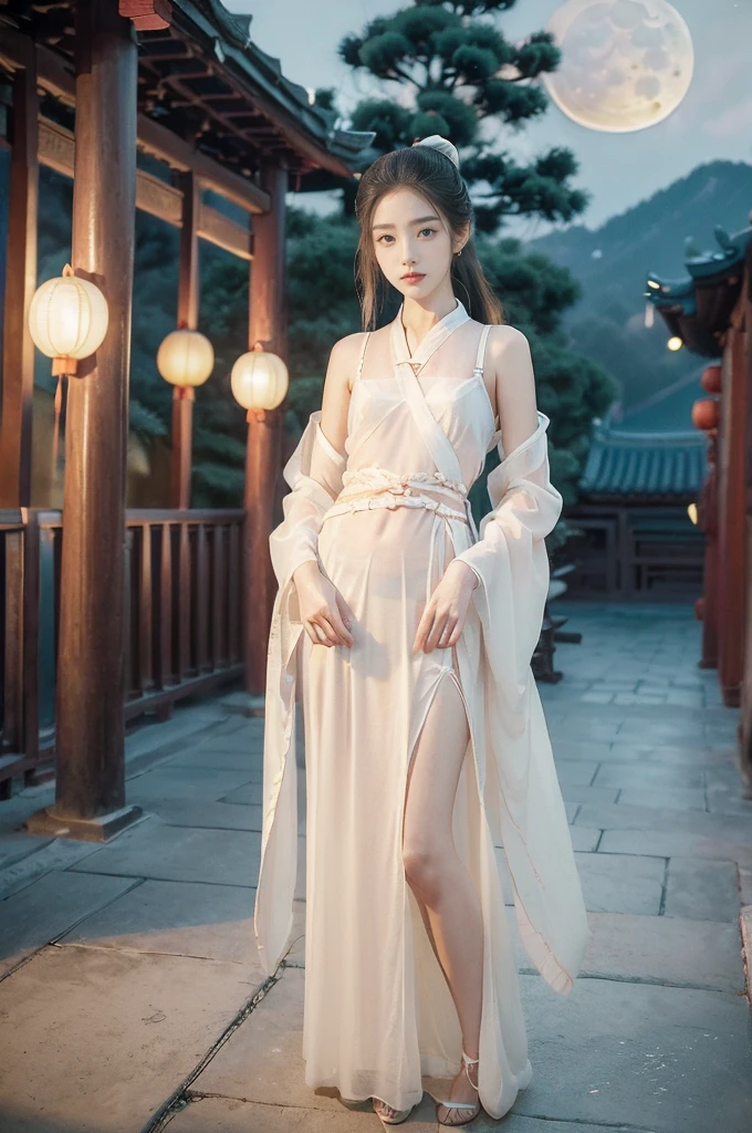 (((best quality))),(((ultra detailed))),(((masterpiece))),illustration,((1 beautiful girl,solo)),(short ponytail:1.2),((bright eyes,gentle smile)),((slim,thin)),((small breasts,flat chest)),(white see through sheer strap Hanfu:1.3),(slender legs:1.2),flowing fabric,serene demeanor,vibrant plants and trees,(Chinese-style architecture:1.3),tile roofs,intricate wooden carvings,rich and vivid colors,(serene glow of the moon:1.5),(((colorful clouds))),traditional Chinese garment,(((summer night,village courtyard))),(standing:1.3),(arms behind back:1.3),((from front,upper body))