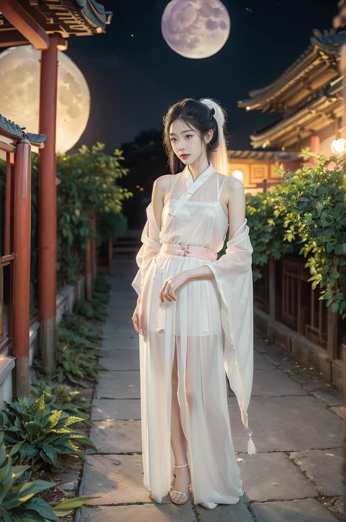 (((best quality))),(((ultra detailed))),(((masterpiece))),illustration,((1 beautiful girl,solo)),(short ponytail:1.2),((bright eyes,gentle smile)),((slim,thin)),((small breasts,flat chest)),(white see through sheer strap Hanfu:1.3),(slender legs:1.2),flowing fabric,serene demeanor,vibrant plants and trees,(Chinese-style architecture:1.3),tile roofs,intricate wooden carvings,rich and vivid colors,(serene glow of the moon:1.5),(((colorful clouds))),traditional Chinese garment,(((summer night,village courtyard))),(standing:1.3),(arms behind back:1.3),((from front,upper body))