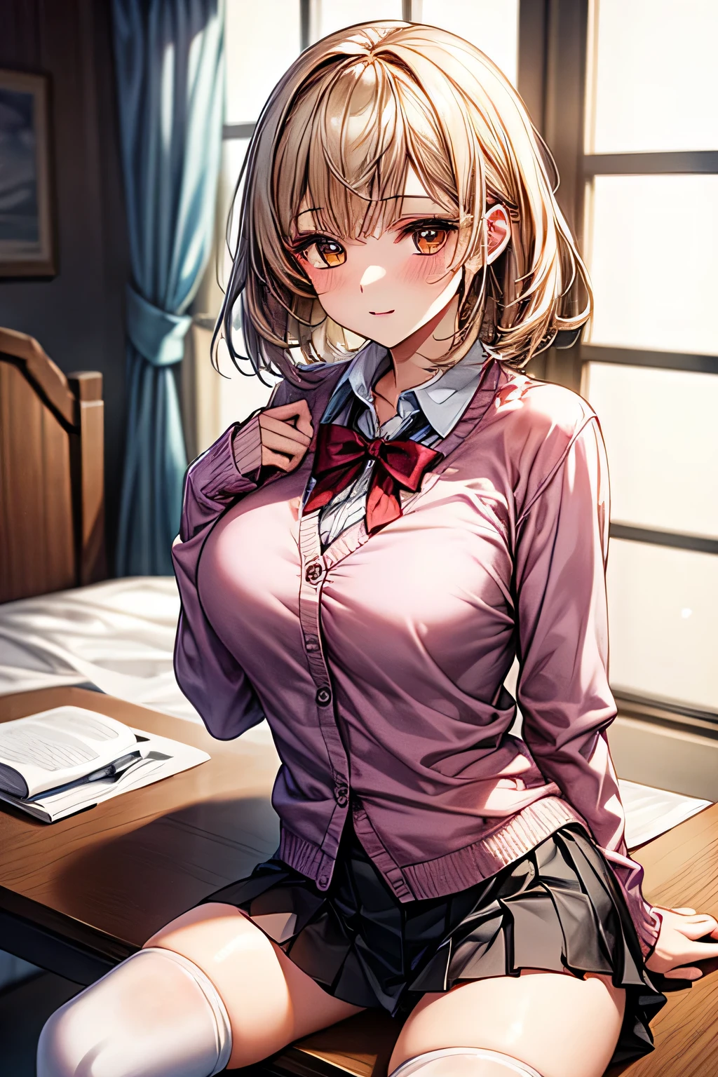 1 female, (Beautiful face with detailed shading), whole body, 40s, (Big Breasts), Beaver, Brown eyes, (Pink Cardigan), Open cardigan, White Camisole Blouse, (Yellow pleated skirt), White knee-highs, On the bed, (Tabletop)), ((Highest quality)), (Super detailed), ((Fascinating)), ((Very detailed)), 4K, (8K), Highest quality, (beautiful),(((World Class Quality))), Very detailed, High resolution,